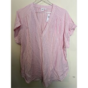 GAP 100% Rayon Short Sleeve V Neck Striped Top Pink & White XXL NWT
